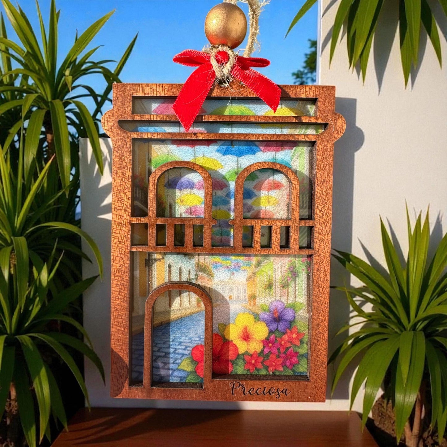 Viejo San Juan Suncatcher: sapele Wood Puerto Rico amapola original design stained glass look ornament