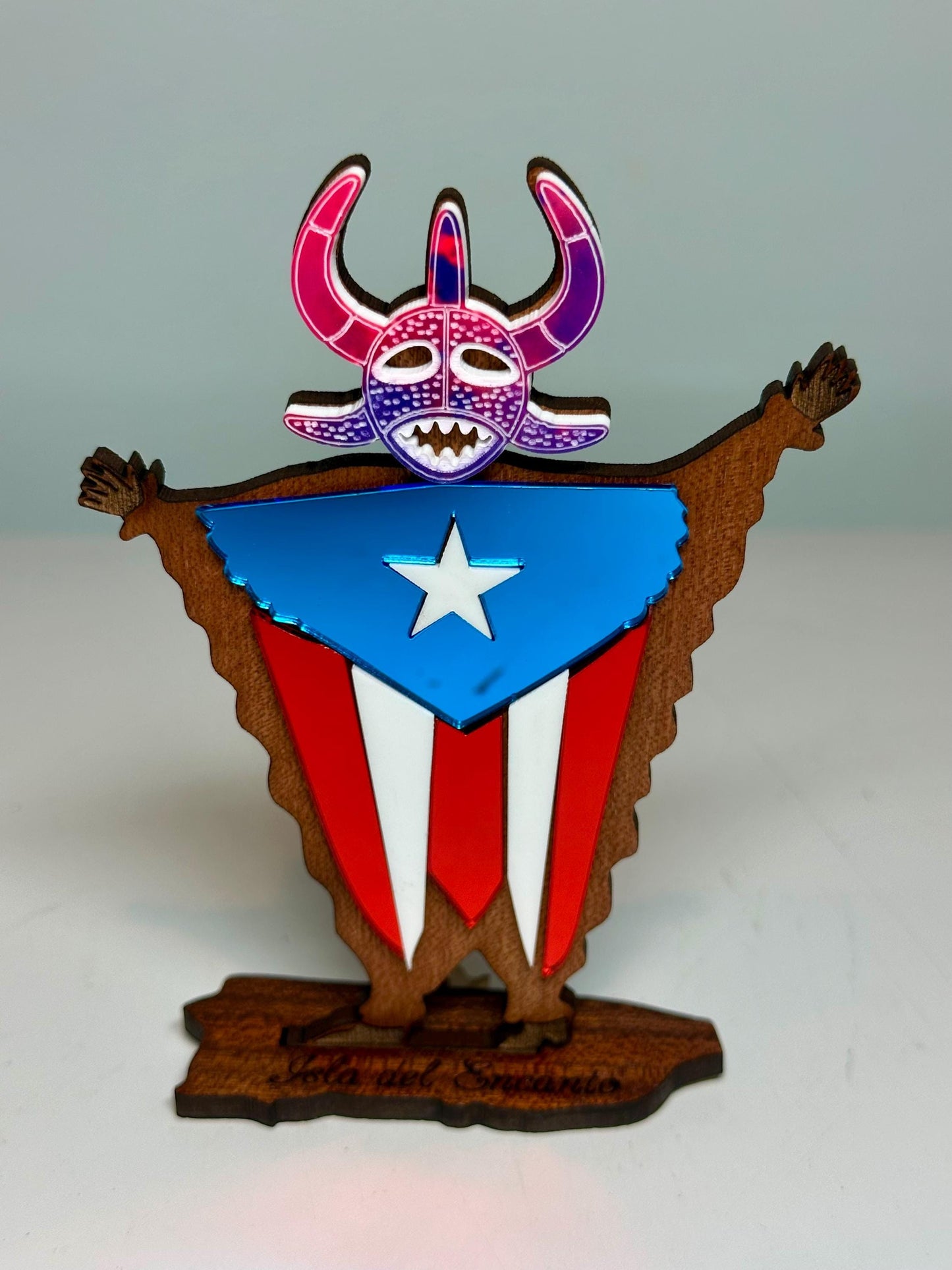 Handmade Vejigante Puerto Rican Flag Wood Figure, Desk Decor