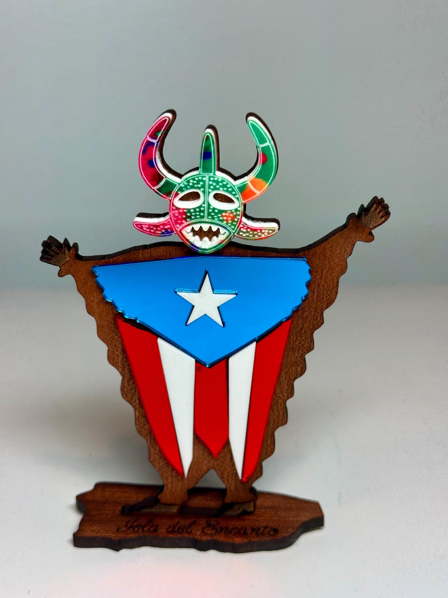 Handmade Vejigante Puerto Rican Flag Wood Figure, Desk Decor