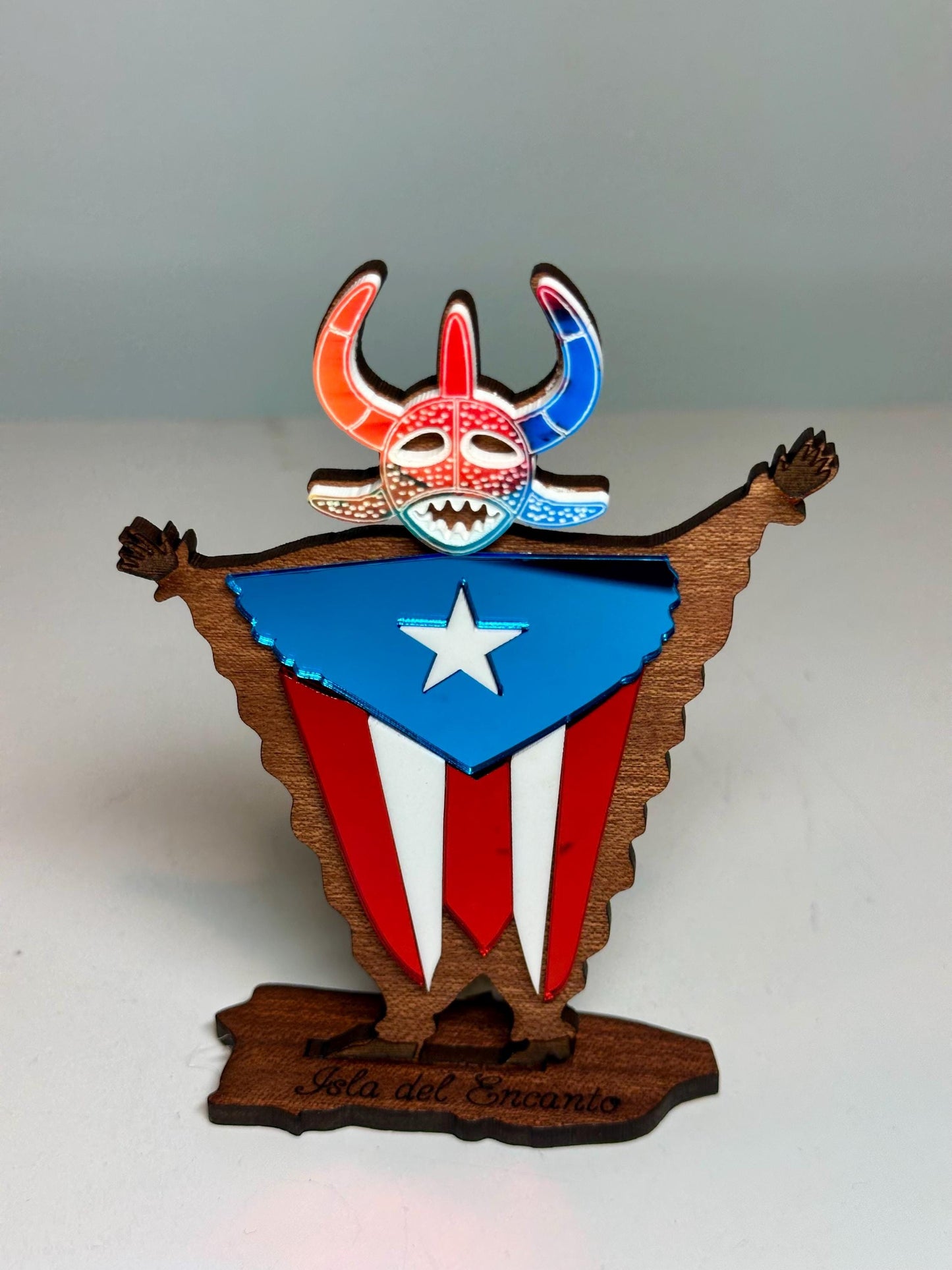 Handmade Vejigante Puerto Rican Flag Wood Figure, Desk Decor