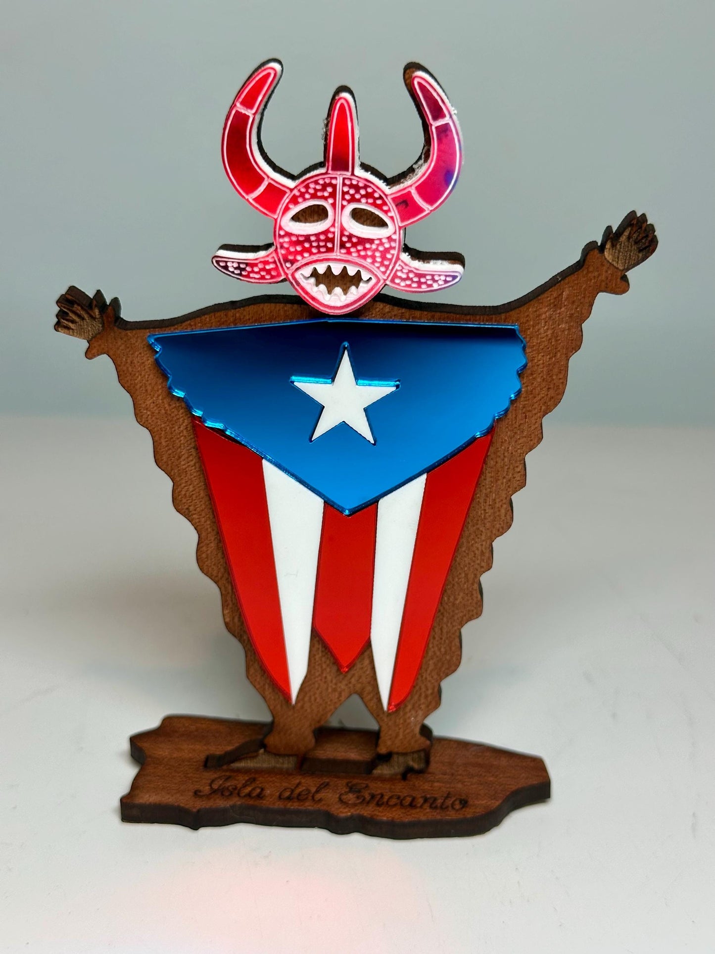 Handmade Vejigante Puerto Rican Flag Wood Figure, Desk Decor