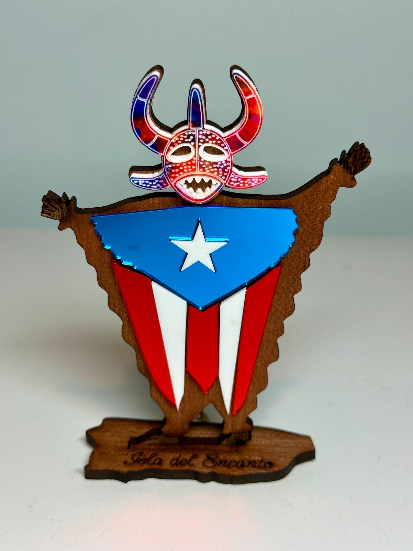 Handmade Vejigante Puerto Rican Flag Wood Figure, Desk Decor