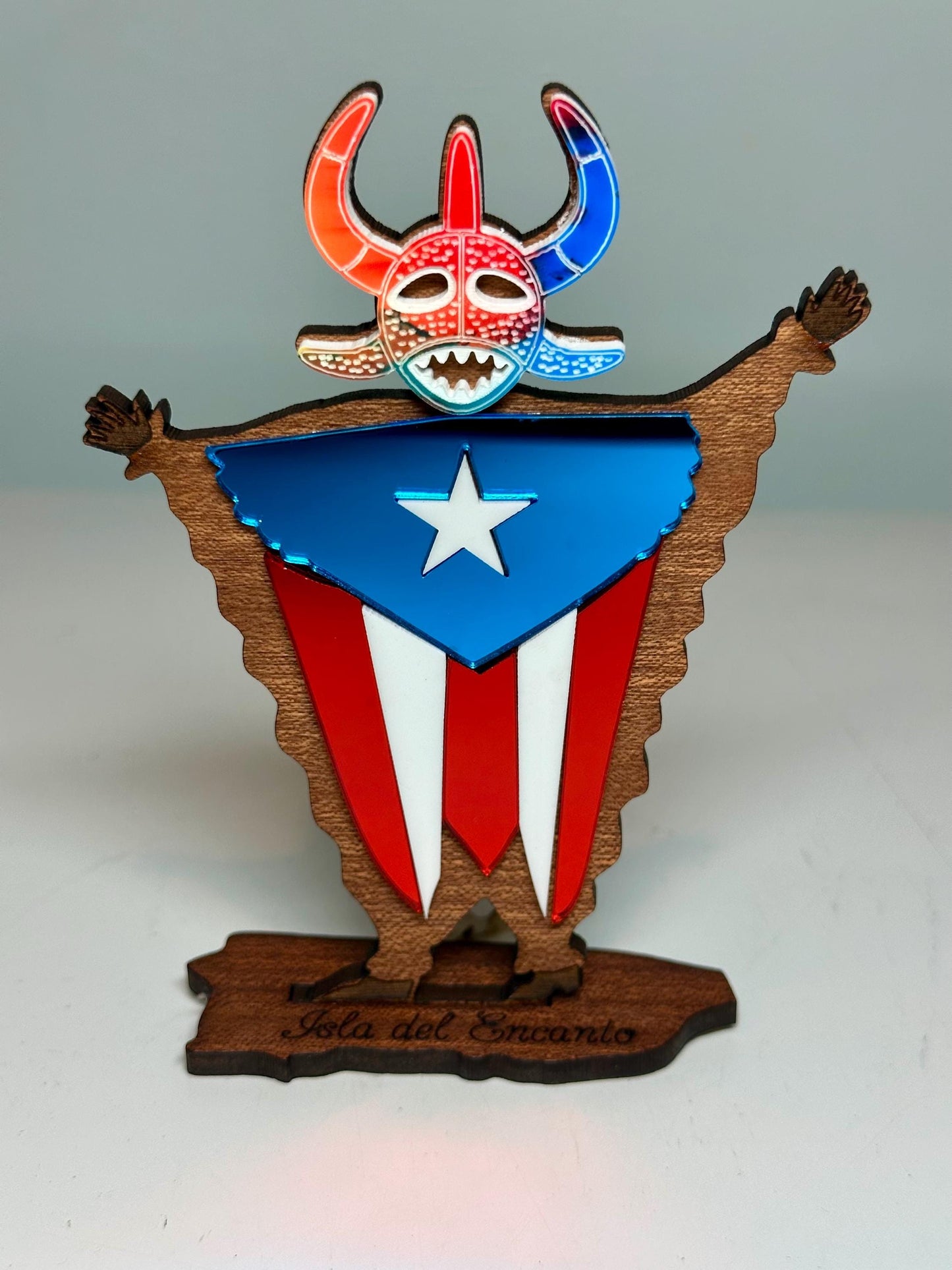 Handmade Vejigante Puerto Rican Flag Wood Figure, Desk Decor