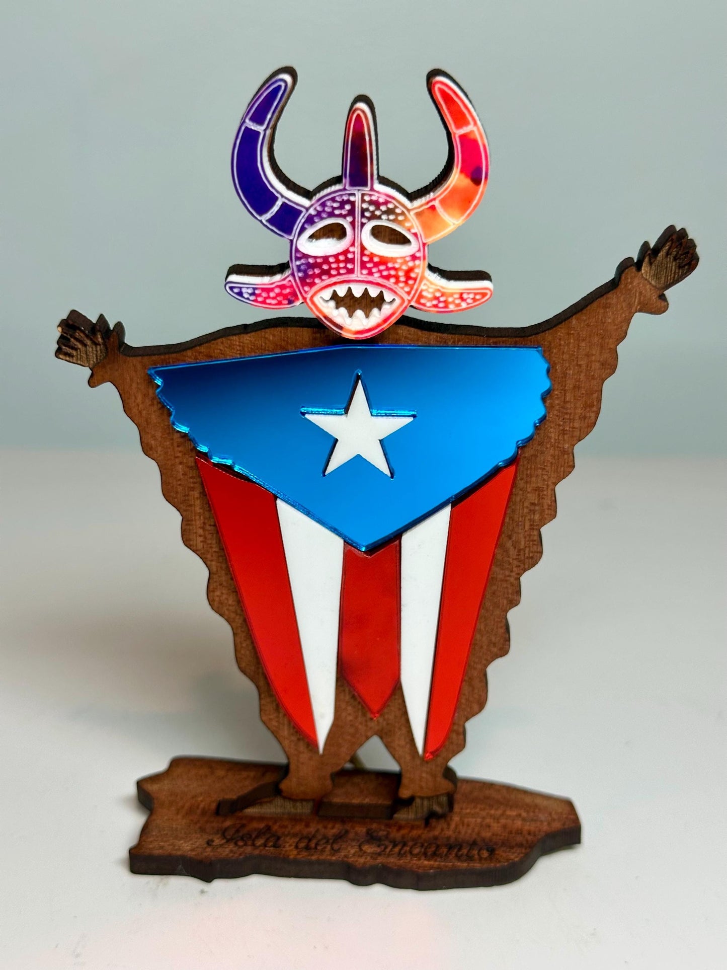 Handmade Vejigante Puerto Rican Flag Wood Figure, Desk Decor