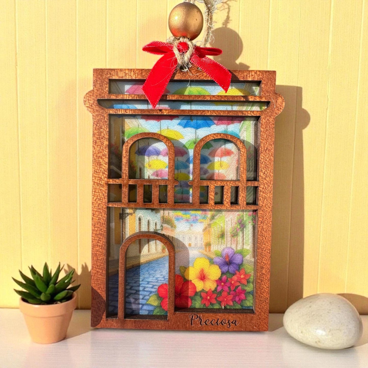 Viejo San Juan Suncatcher: sapele Wood Puerto Rico amapola original design stained glass look ornament