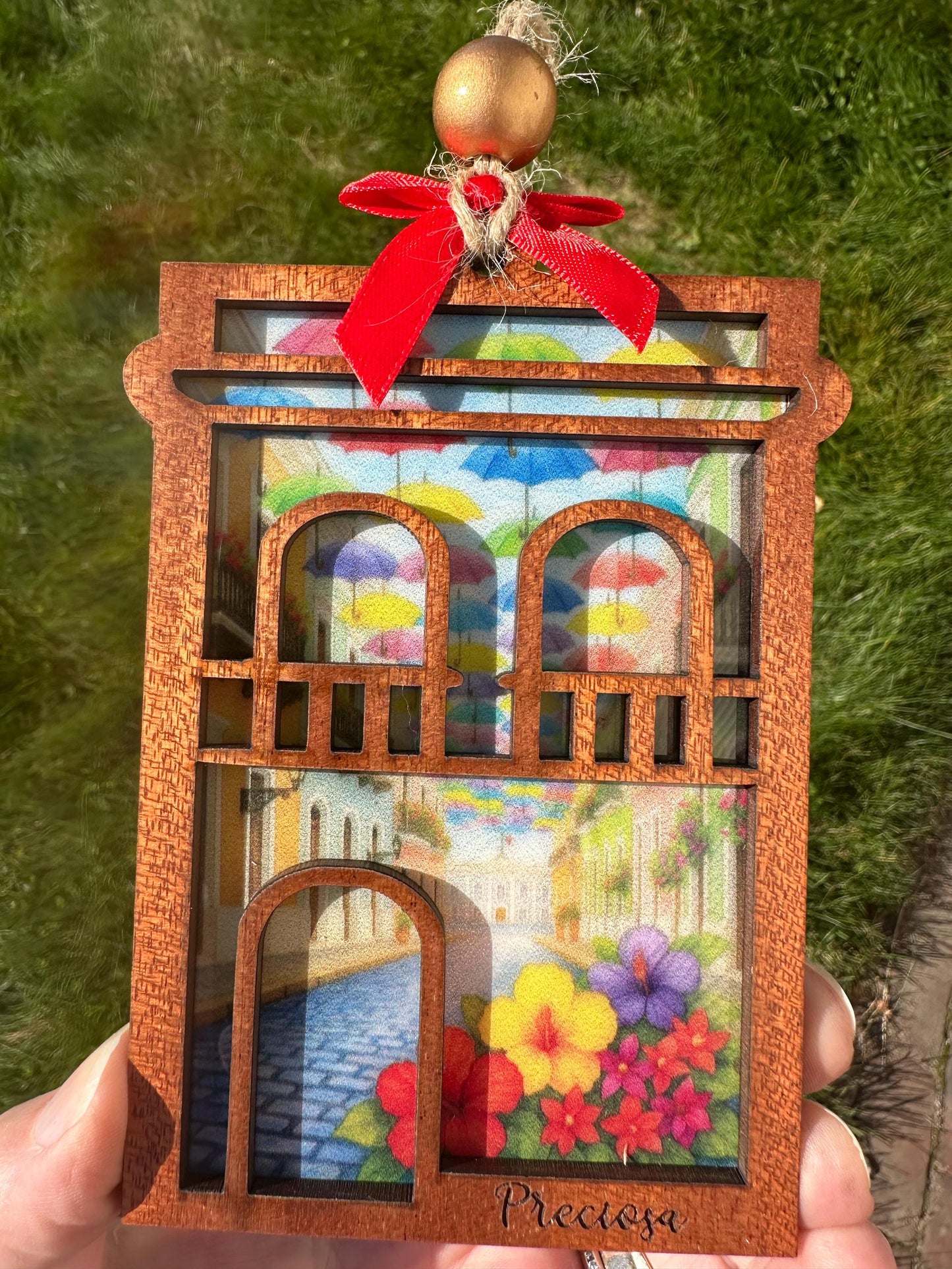 Viejo San Juan Suncatcher: sapele Wood Puerto Rico amapola original design stained glass look ornament