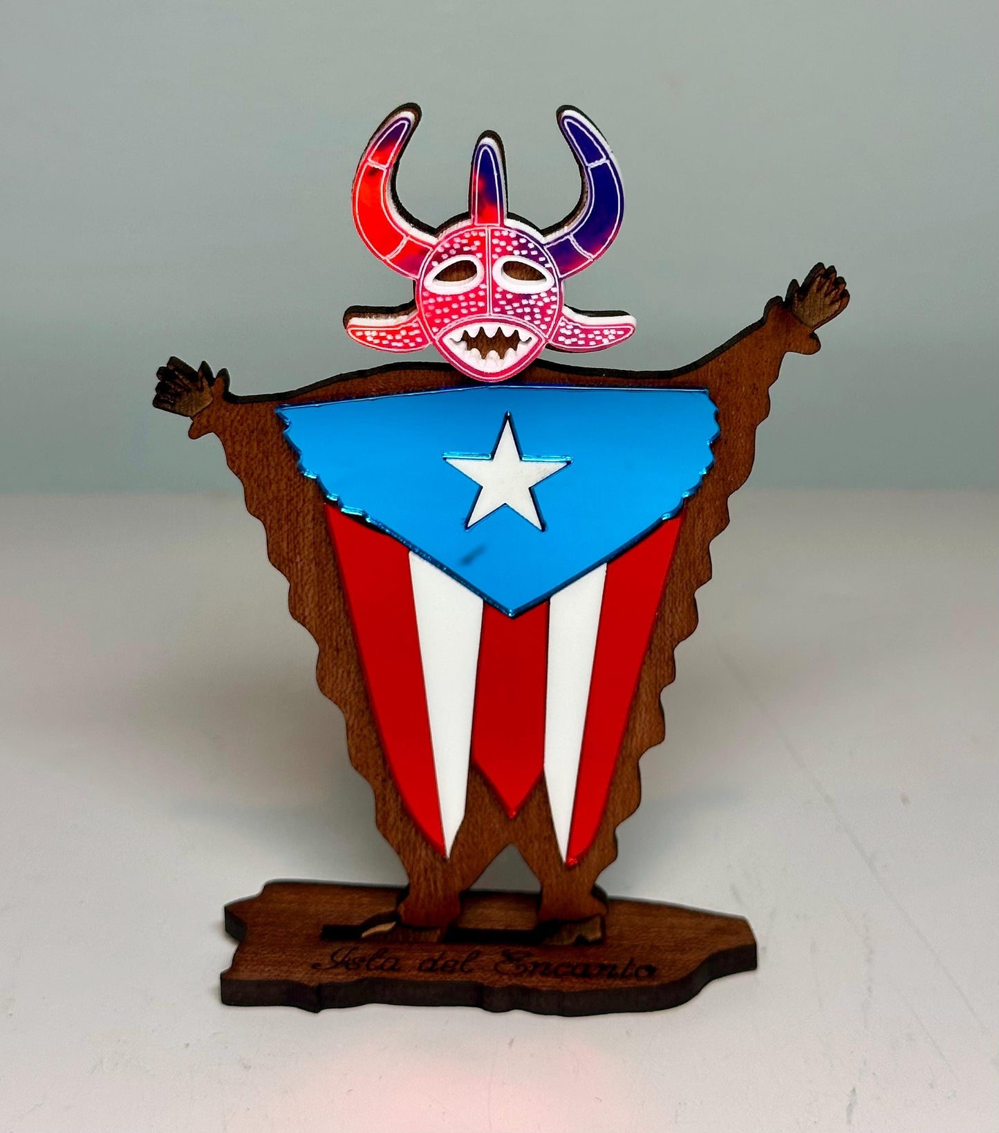 Handmade Vejigante Puerto Rican Flag Wood Figure, Desk Decor