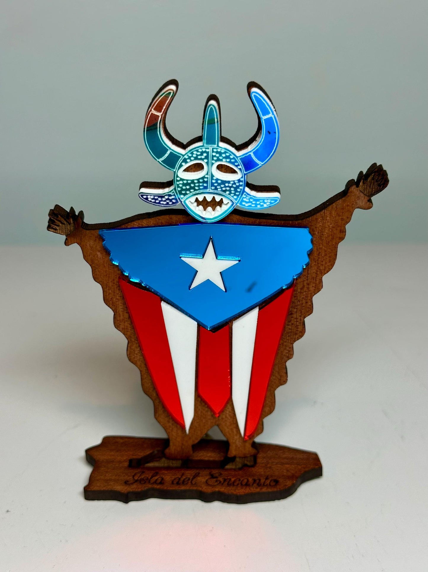 Handmade Vejigante Puerto Rican Flag Wood Figure, Desk Decor