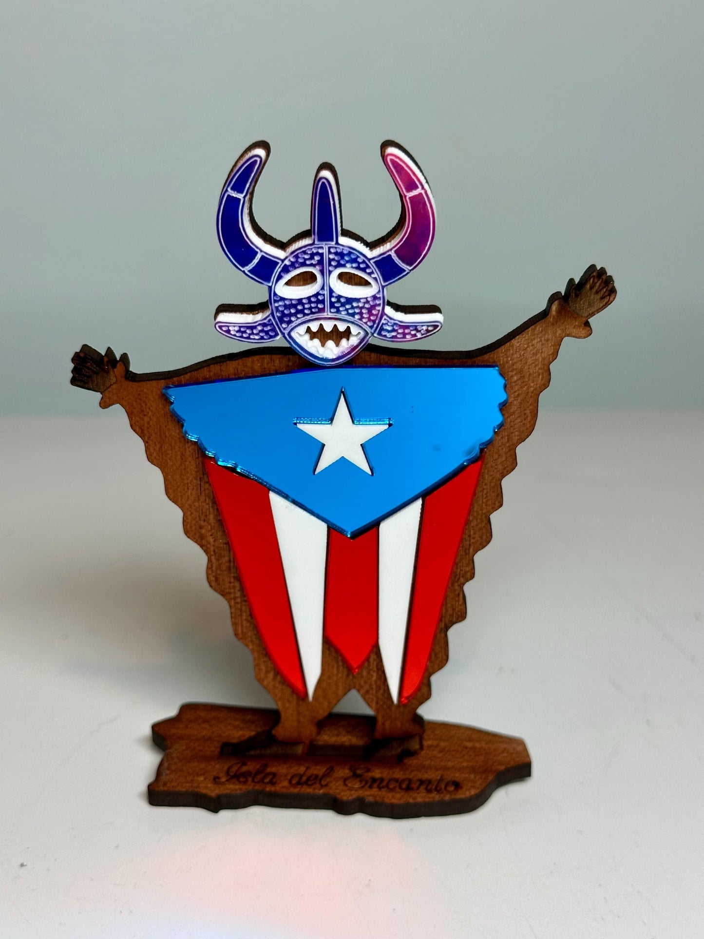 Handmade Vejigante Puerto Rican Flag Wood Figure, Desk Decor