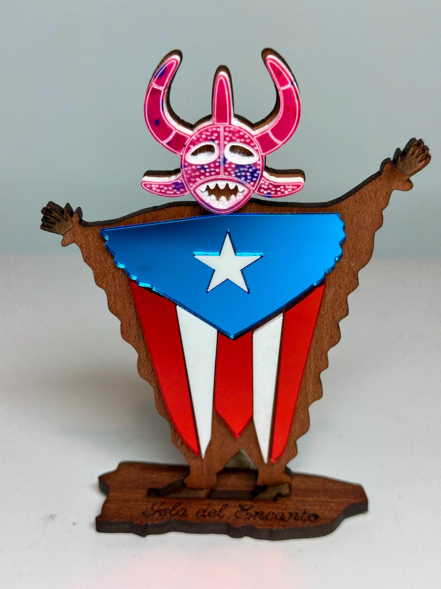 Handmade Vejigante Puerto Rican Flag Wood Figure, Desk Decor