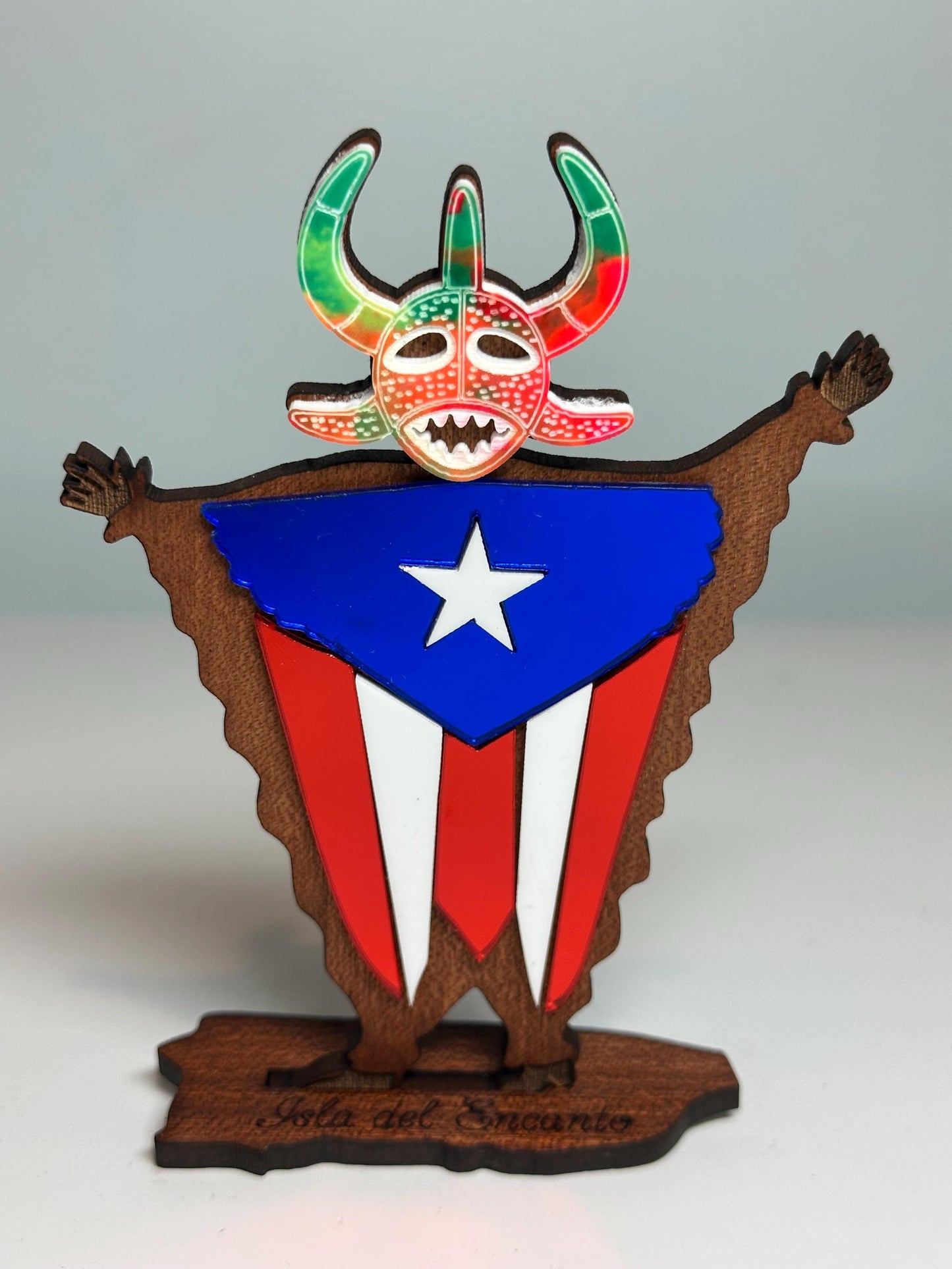 Handmade Vejigante Puerto Rican Flag Wood Figure, Desk Decor