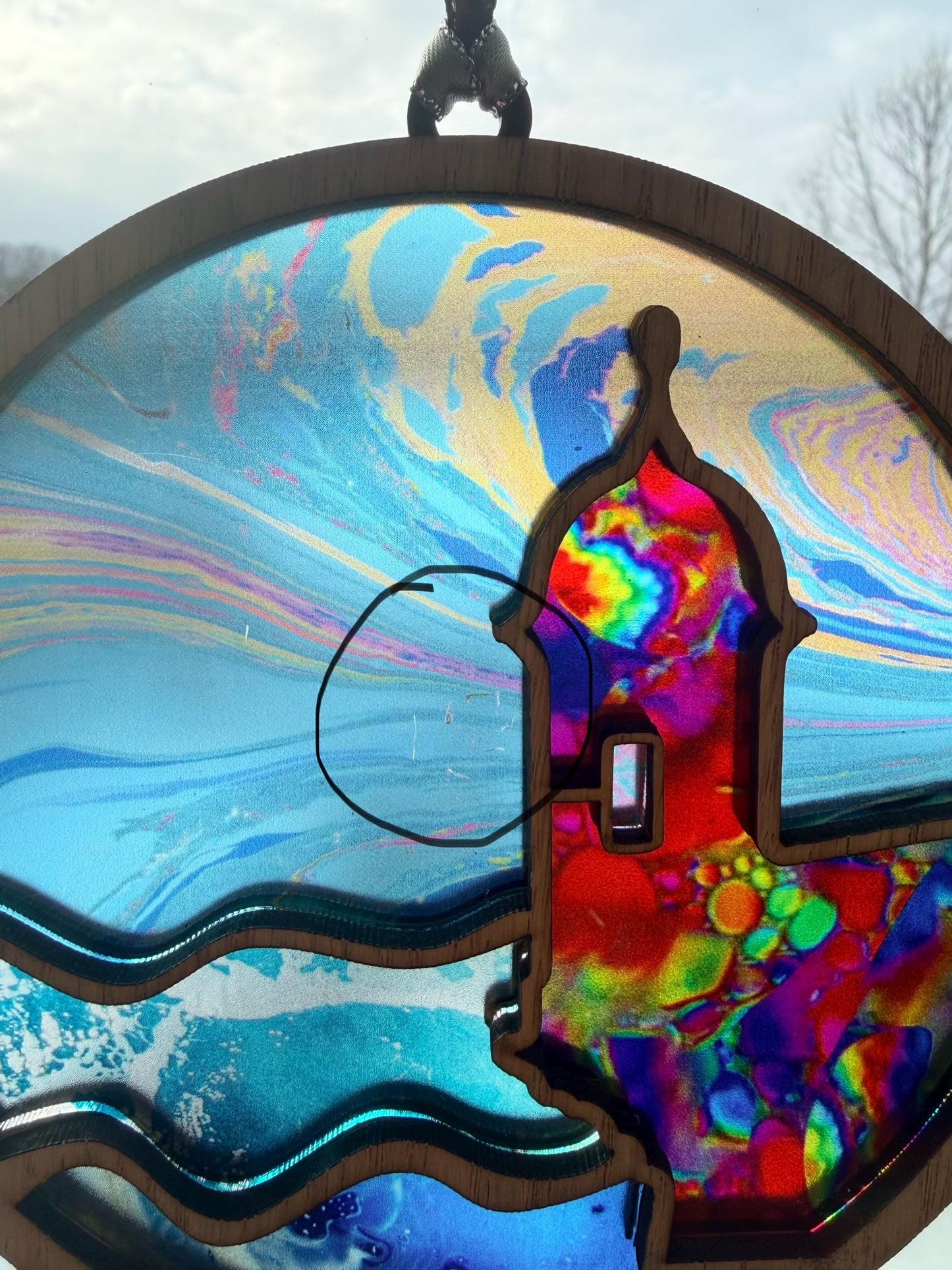 SLIGHTLY IMPERFECT El Morro garita Suncatcher: Acrylic and Red Oak Puerto Rico Art