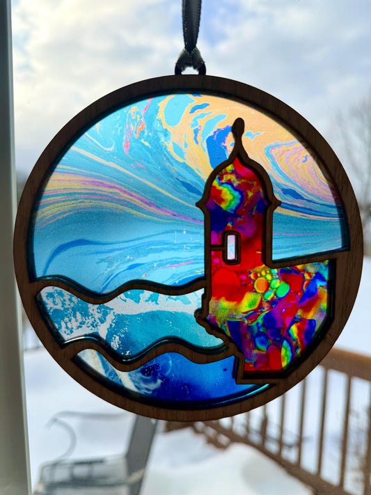 SLIGHTLY IMPERFECT El Morro garita Suncatcher: Acrylic and Red Oak Puerto Rico Art