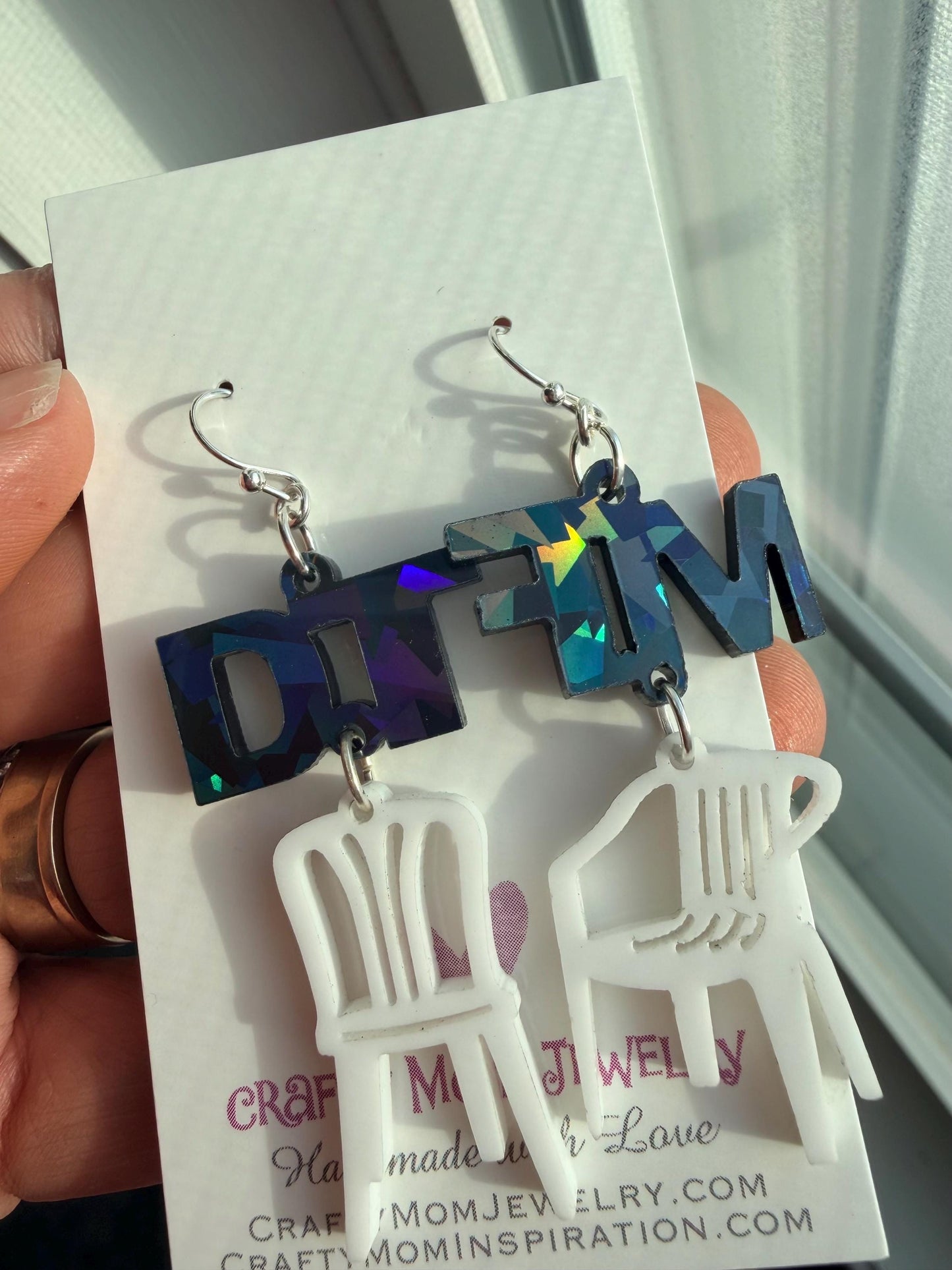 DTMF acrylic chair earrings, holographic Benito tribute jewelry