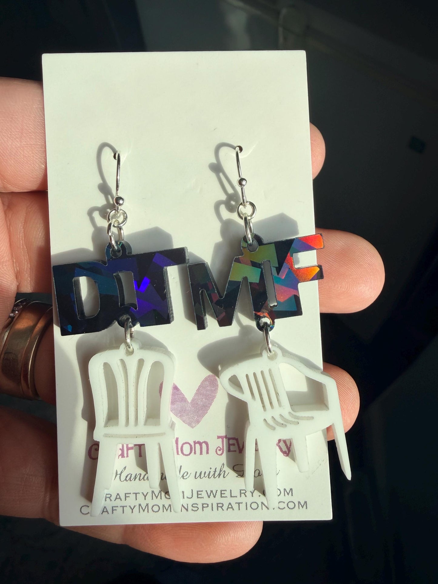 DTMF acrylic chair earrings, holographic Benito tribute jewelry