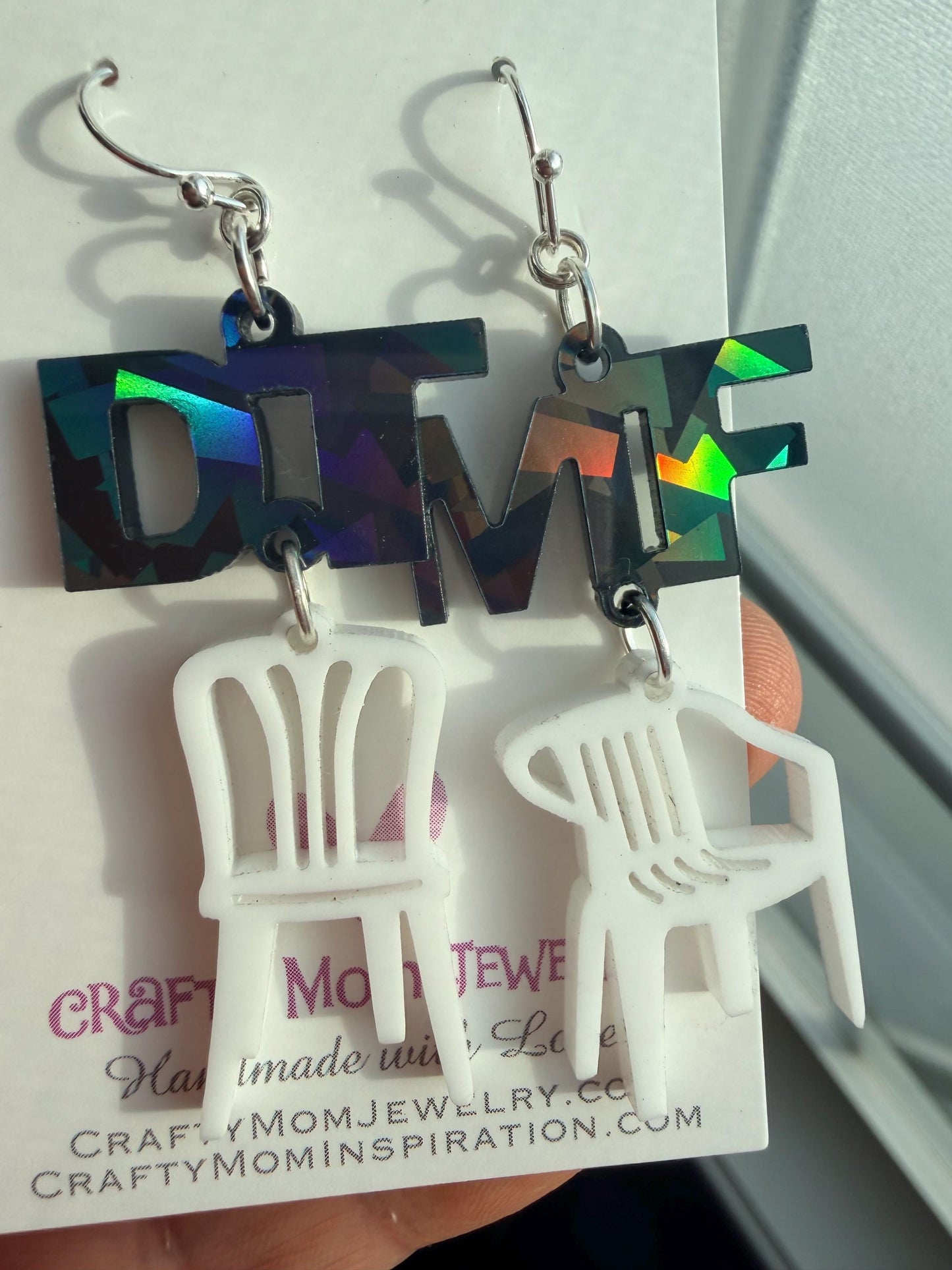 DTMF acrylic chair earrings, holographic Benito tribute jewelry