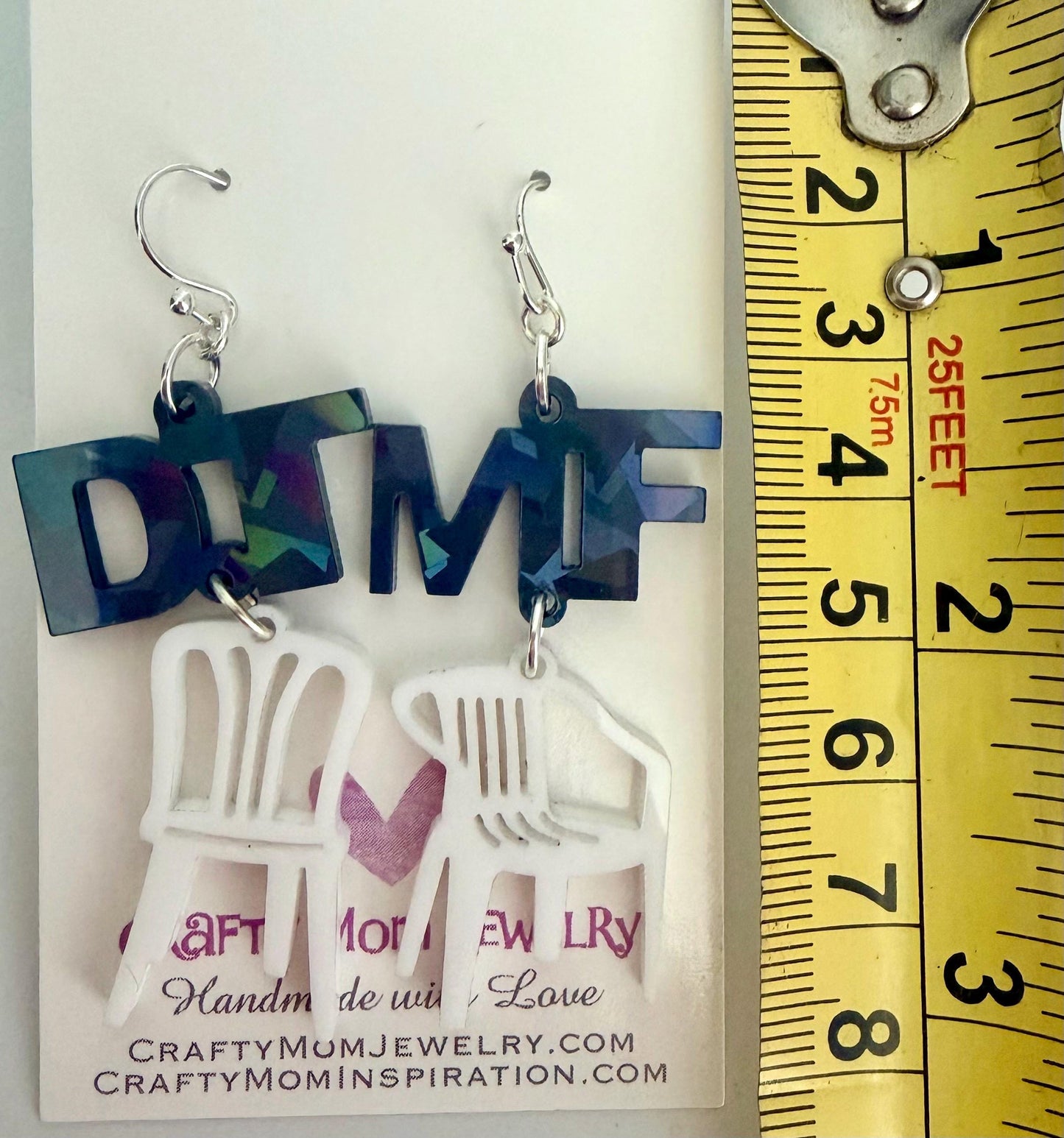 DTMF acrylic chair earrings, holographic Benito tribute jewelry