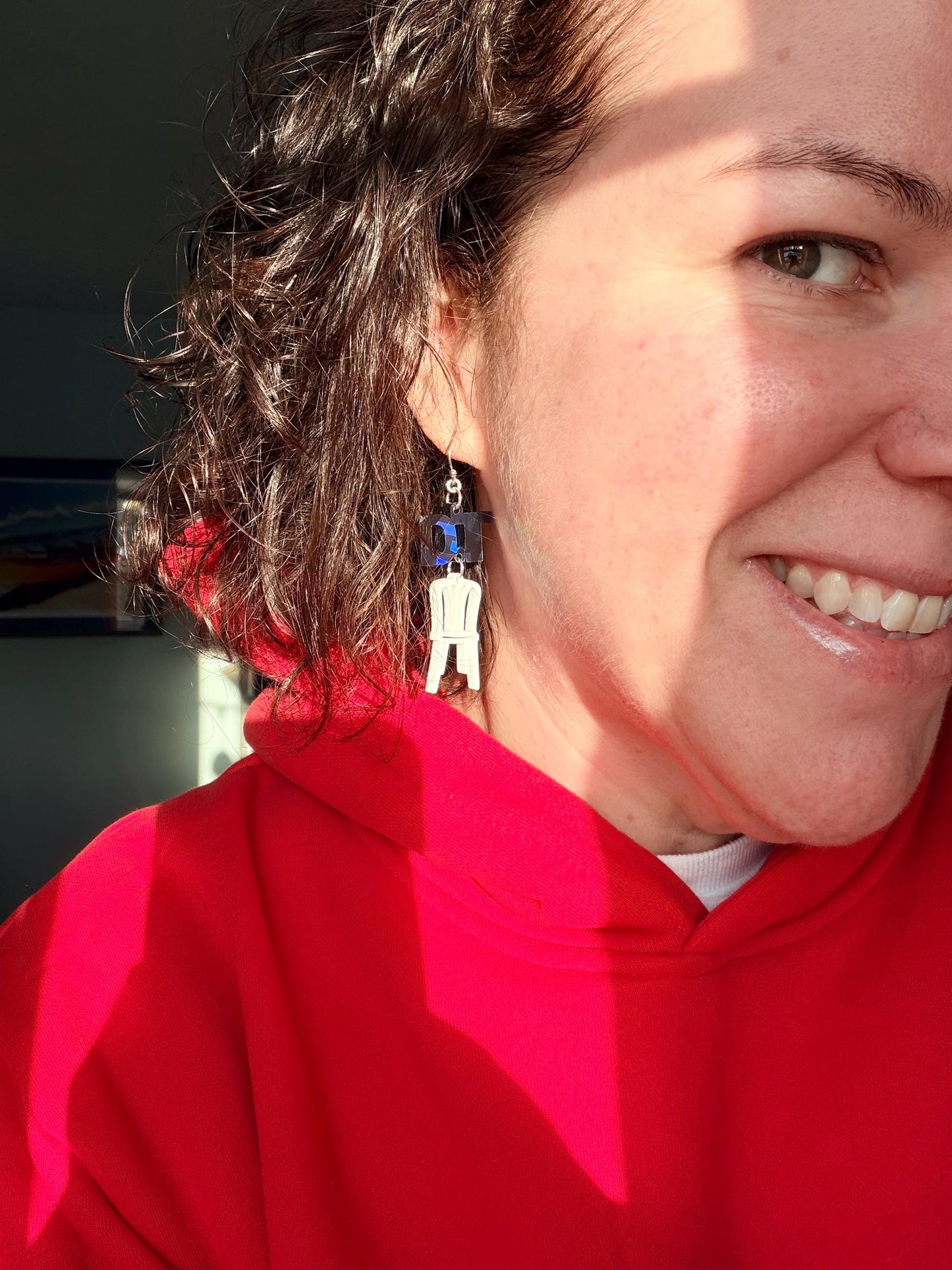 DTMF acrylic chair earrings, holographic Benito tribute jewelry