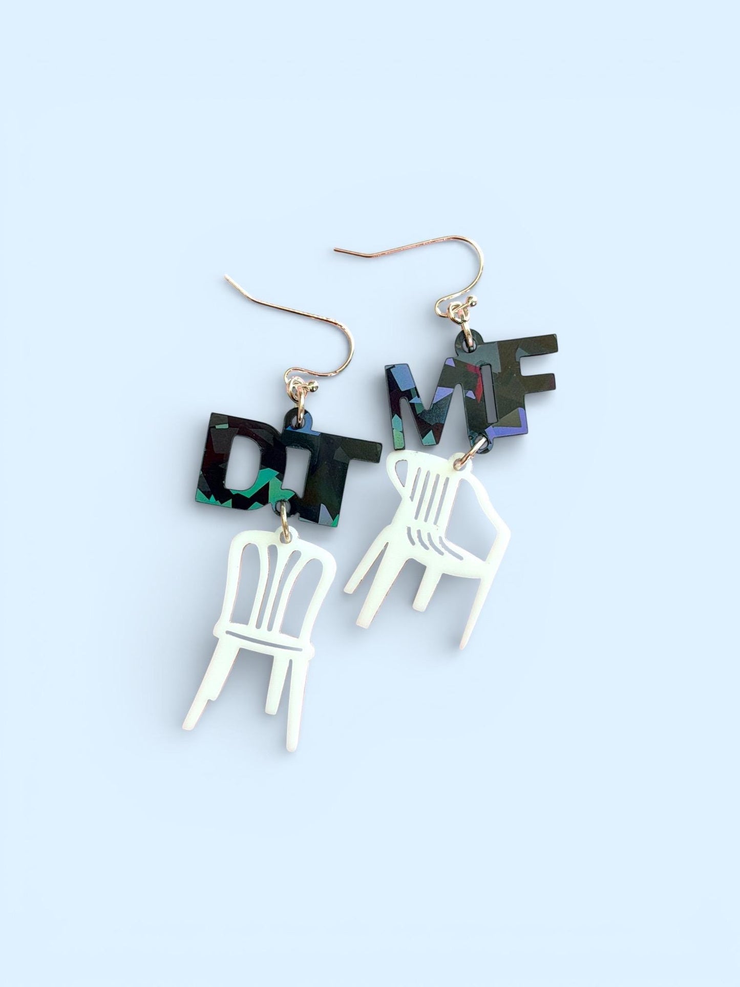 DTMF acrylic chair earrings, holographic Benito tribute jewelry