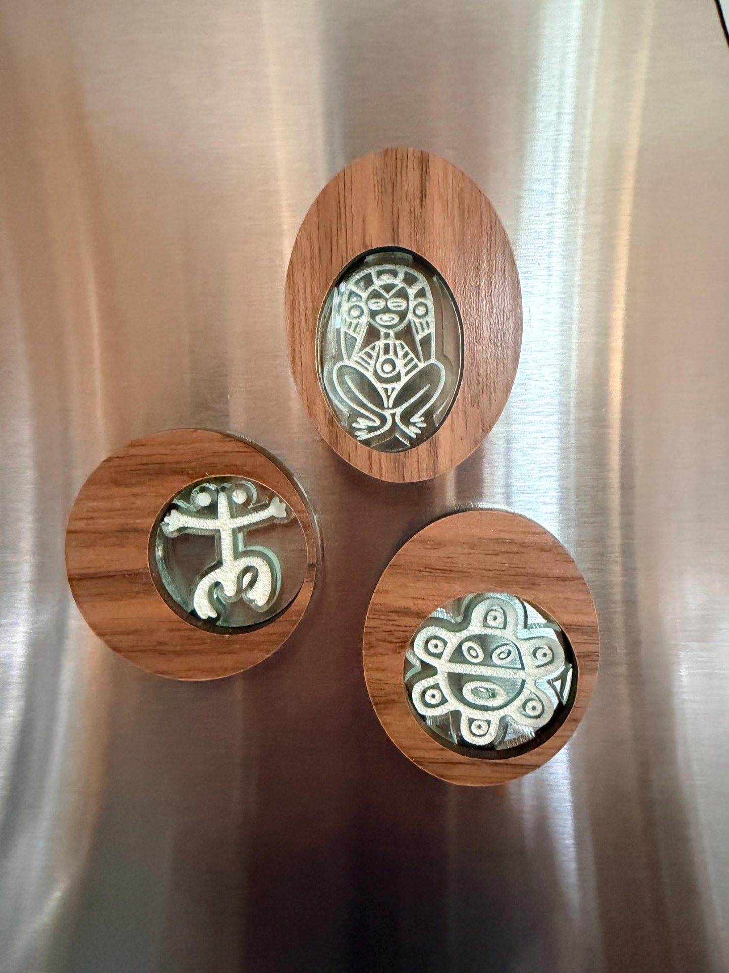 Taino symbol wood and acrylic engraved refrigerator magnet set, Puerto Rico art, Atabey, Coquí and sol.