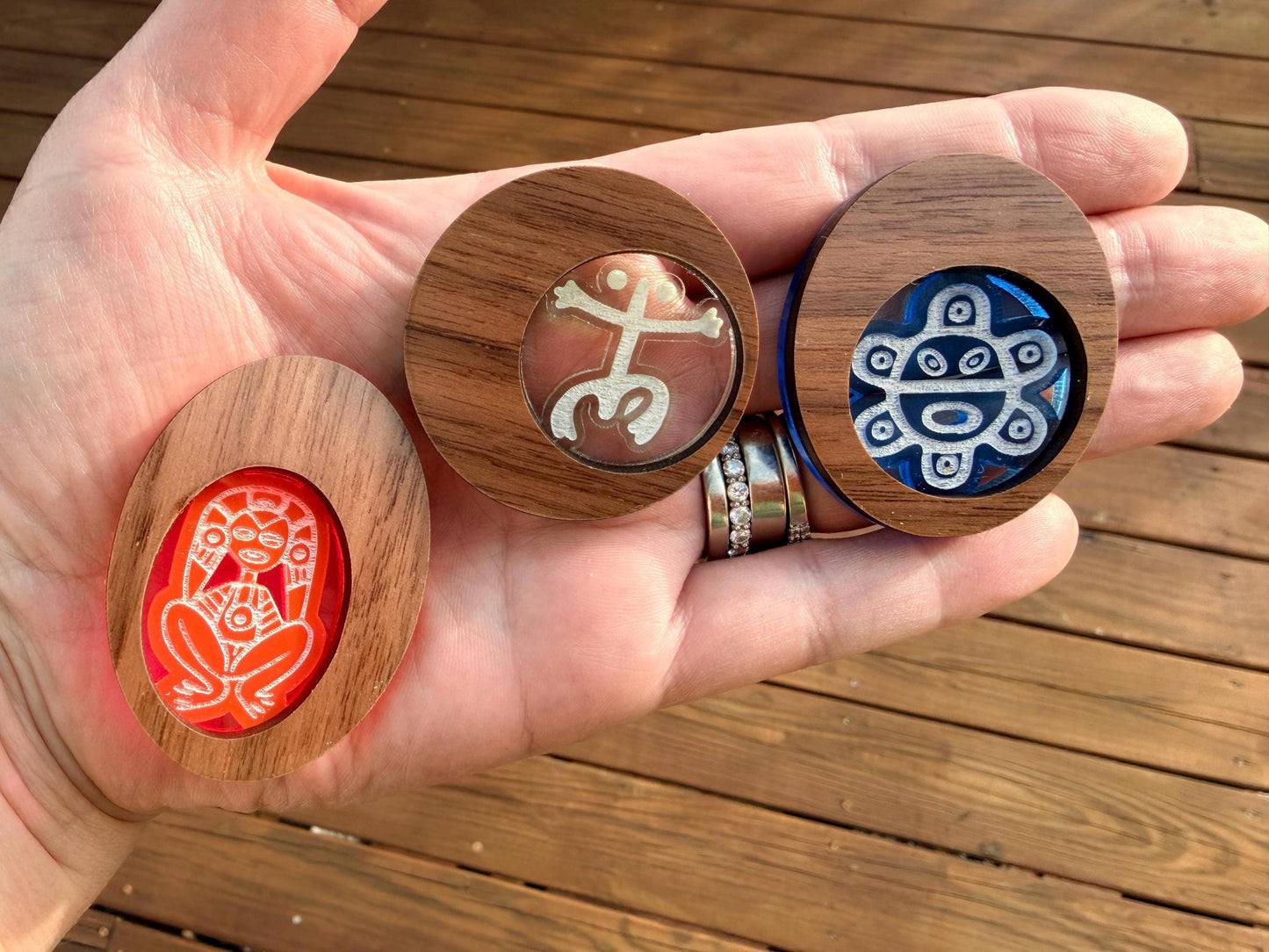 Taino symbol wood and acrylic engraved refrigerator magnet set, Puerto Rico art, Atabey, Coquí and sol.