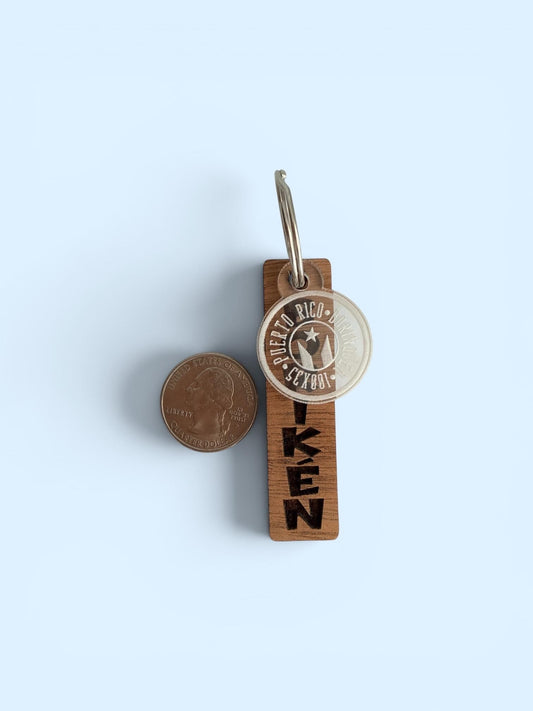 Boriken wood keychain, Puerto Rico 100x35 key ring, acrylic and wood engraved.