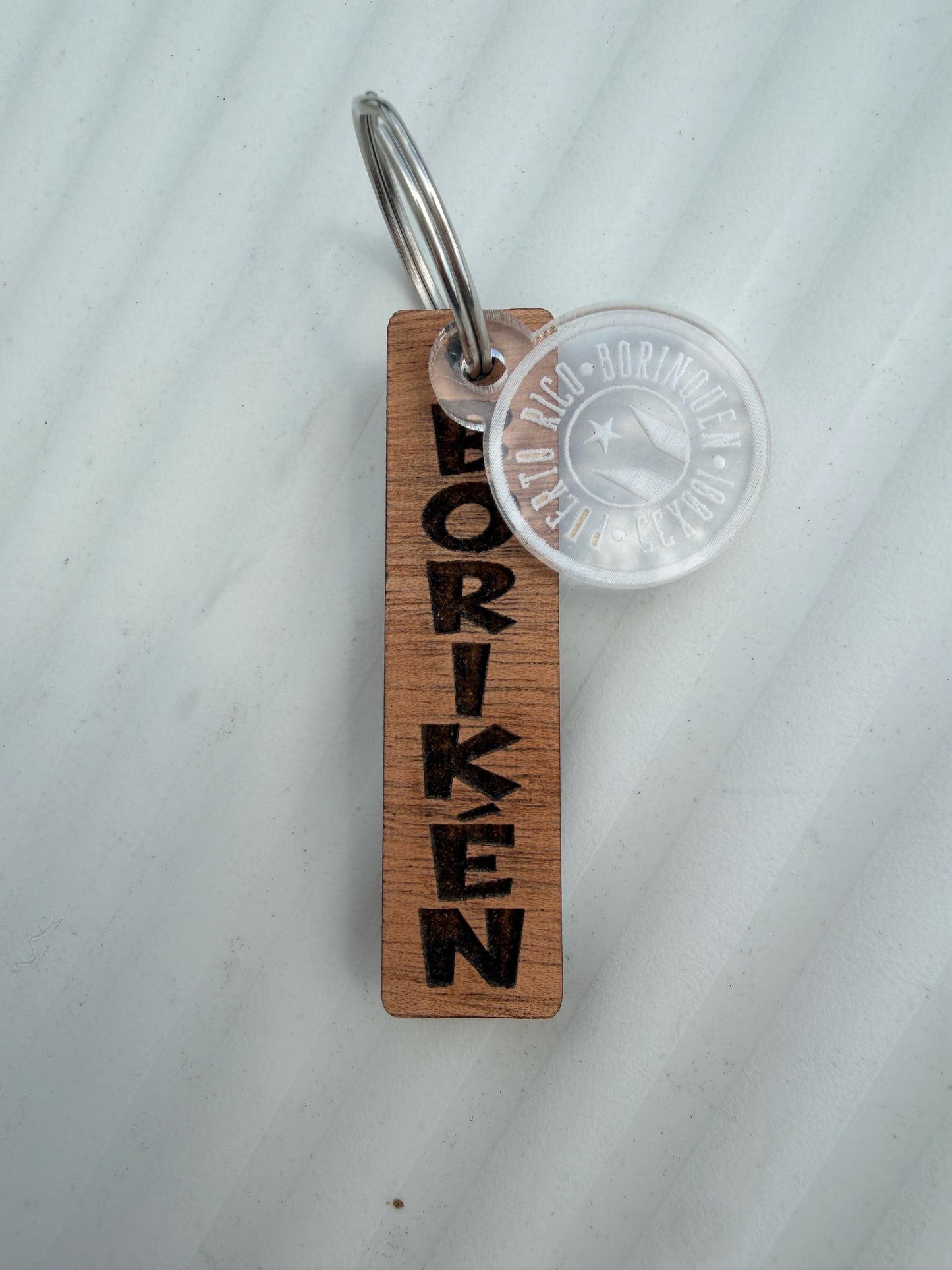Boriken wood keychain, Puerto Rico 100x35 key ring, acrylic and wood engraved.
