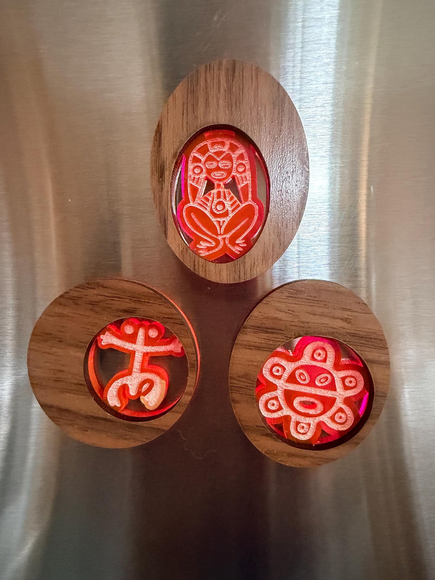 Taino symbol wood and acrylic engraved refrigerator magnet set, Puerto Rico art, Atabey, Coquí and sol.