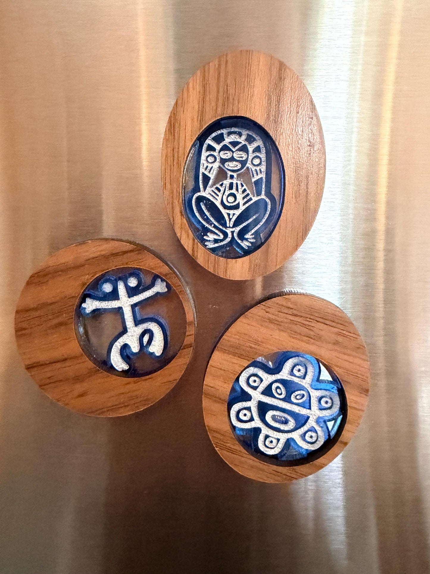 Taino symbol wood and acrylic engraved refrigerator magnet set, Puerto Rico art, Atabey, Coquí and sol.