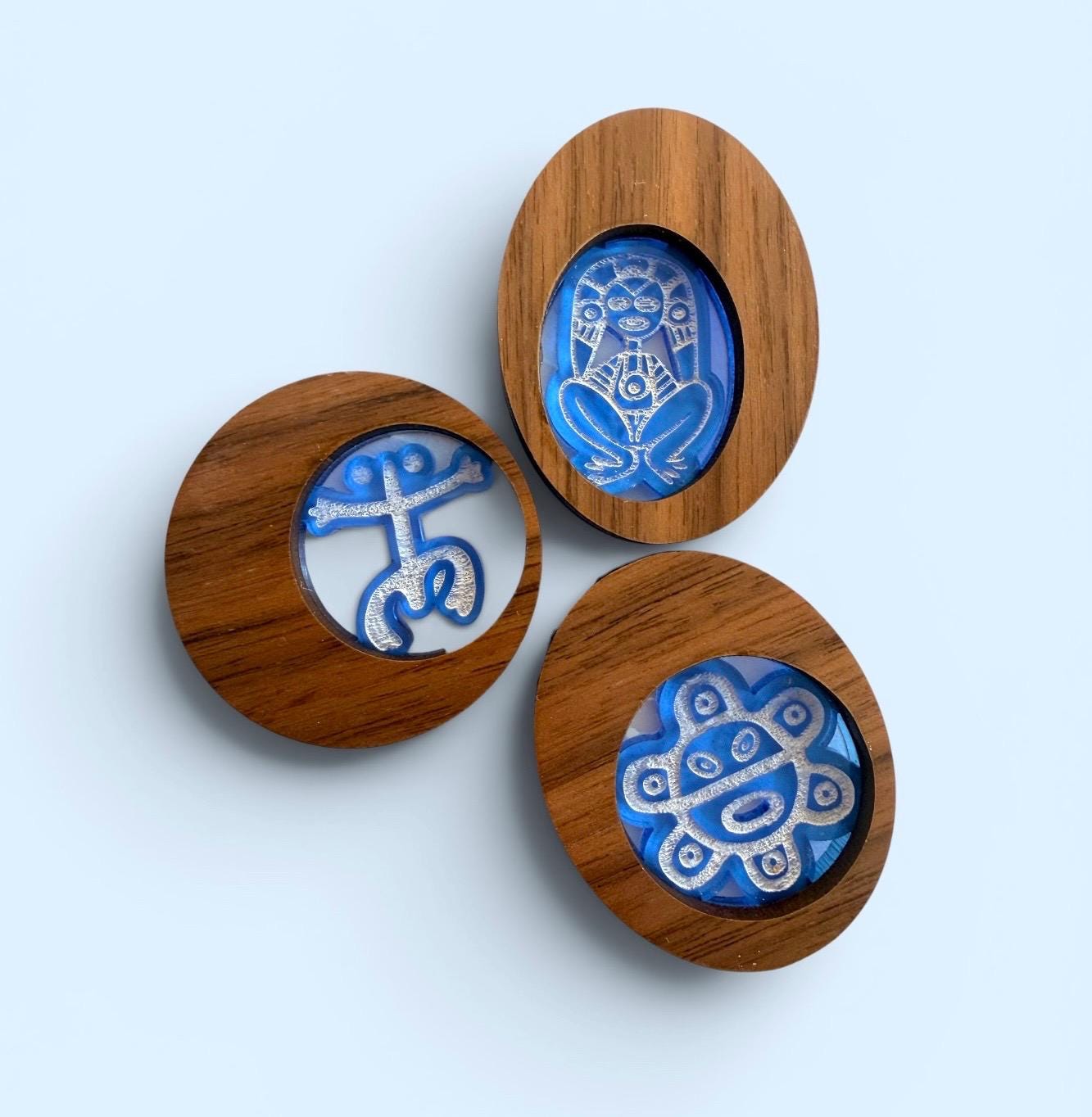 Taino symbol wood and acrylic engraved refrigerator magnet set, Puerto Rico art, Atabey, Coquí and sol.