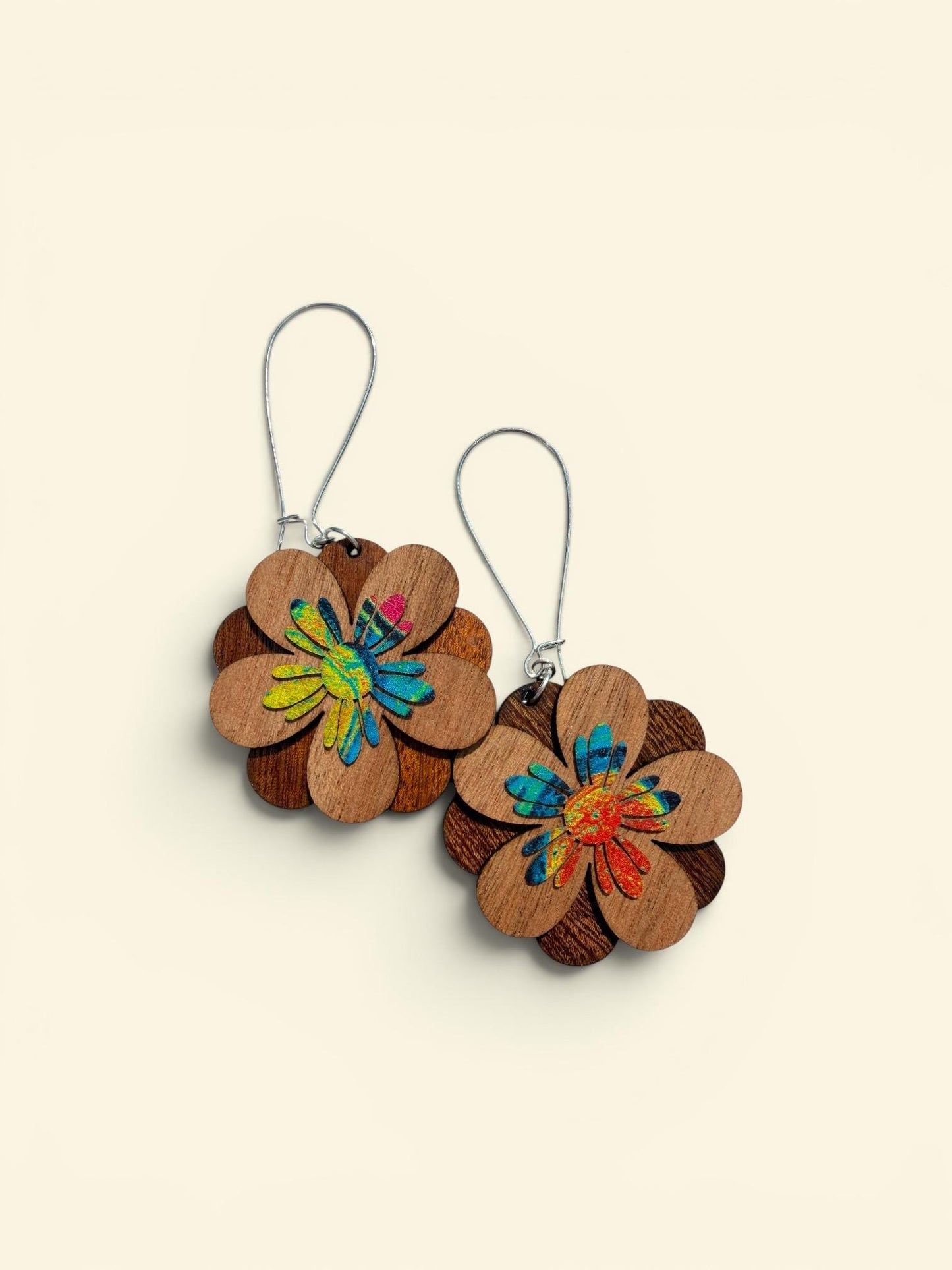 Boho Tropical Floral Statement Earrings  One-of-a-Kind Handmade layered Design
