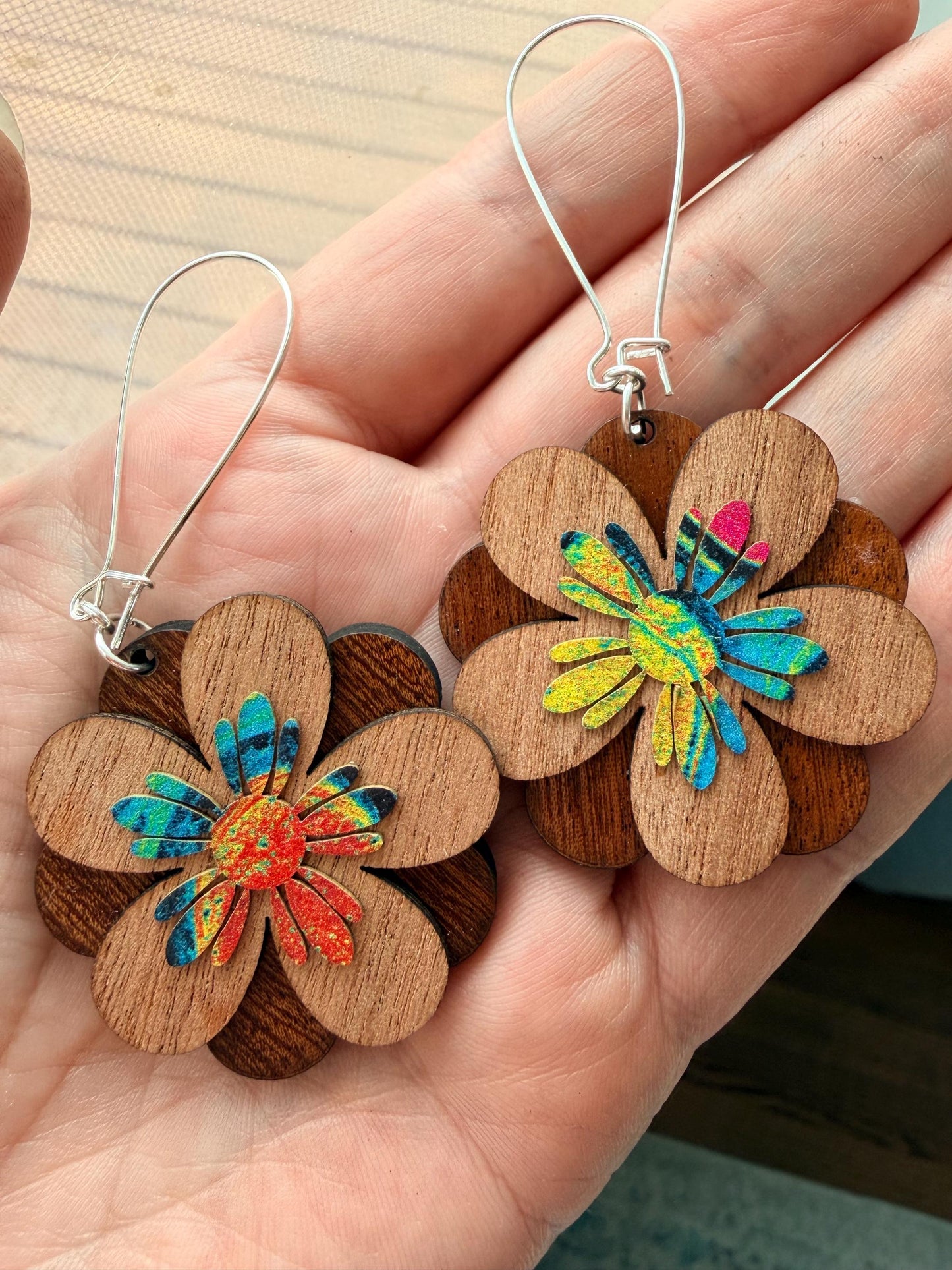 Boho Tropical Floral Statement Earrings  One-of-a-Kind Handmade layered Design