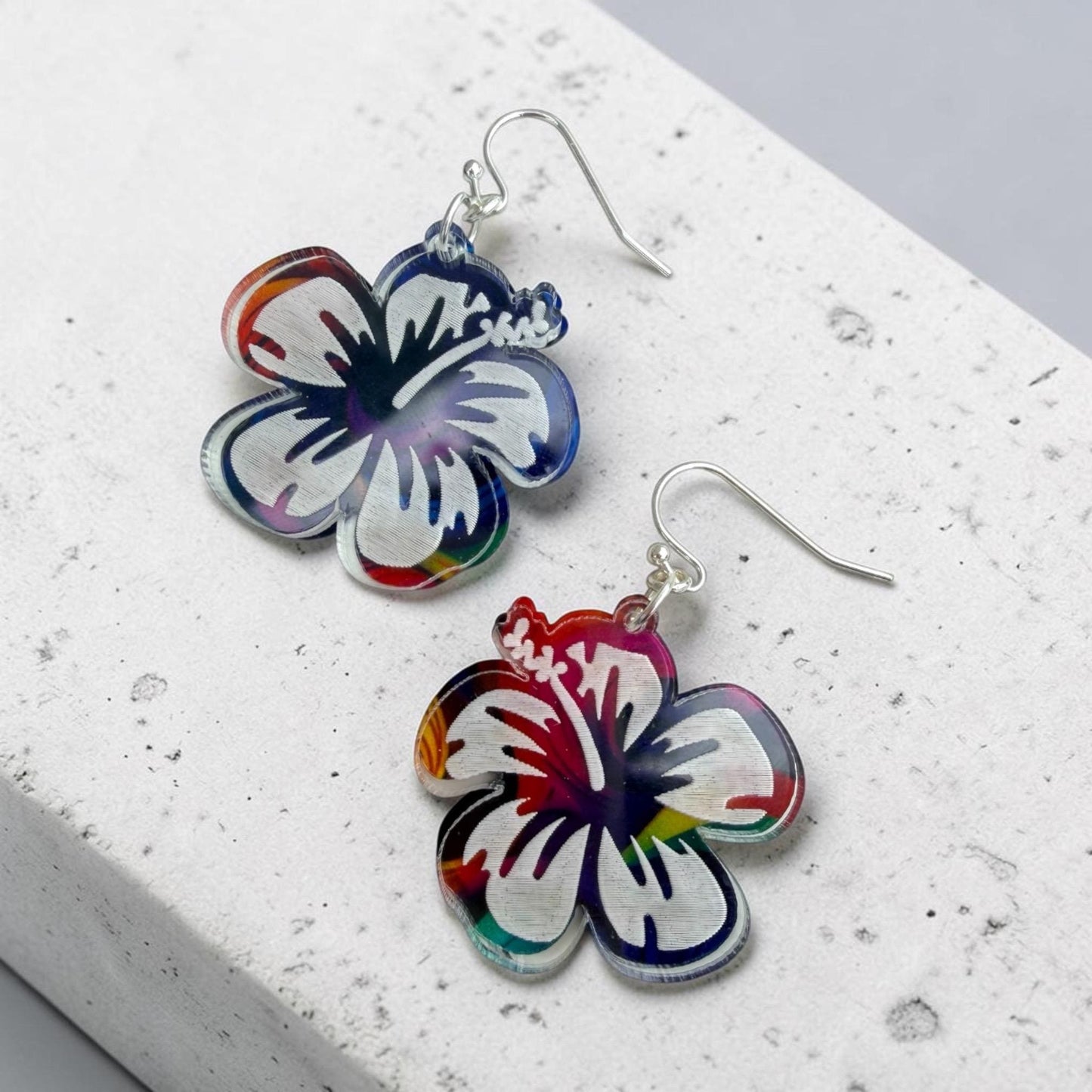 Tropical Hibiscus Acrylic Earrings  Lightweight Statement Floral Jewelry, Flor de Maga