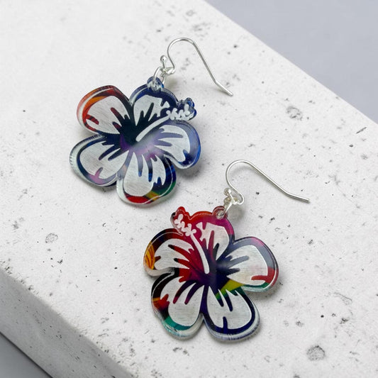 Tropical Hibiscus Acrylic Earrings  Lightweight Statement Floral Jewelry, Flor de Maga