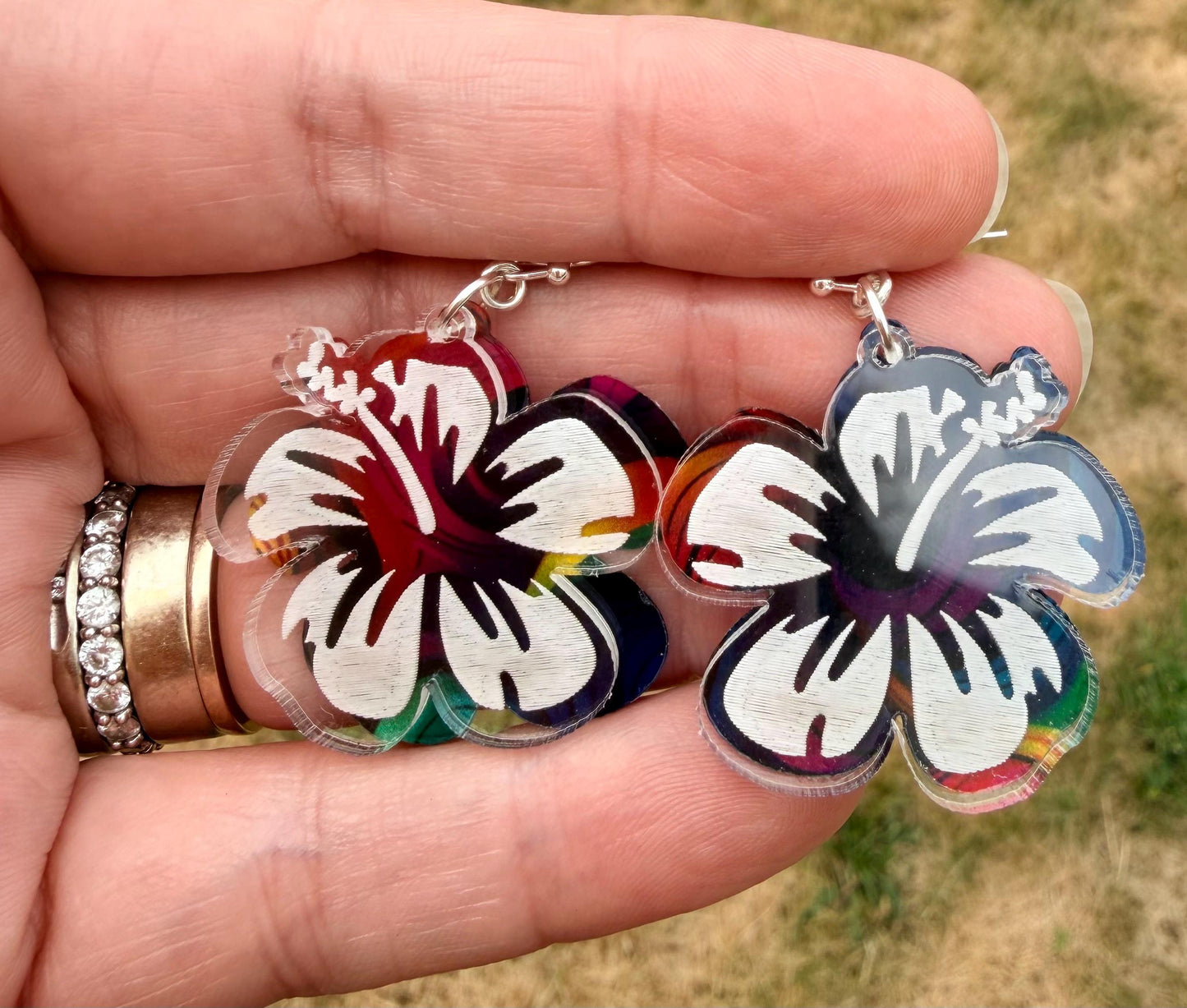Tropical Hibiscus Acrylic Earrings  Lightweight Statement Floral Jewelry, Flor de Maga
