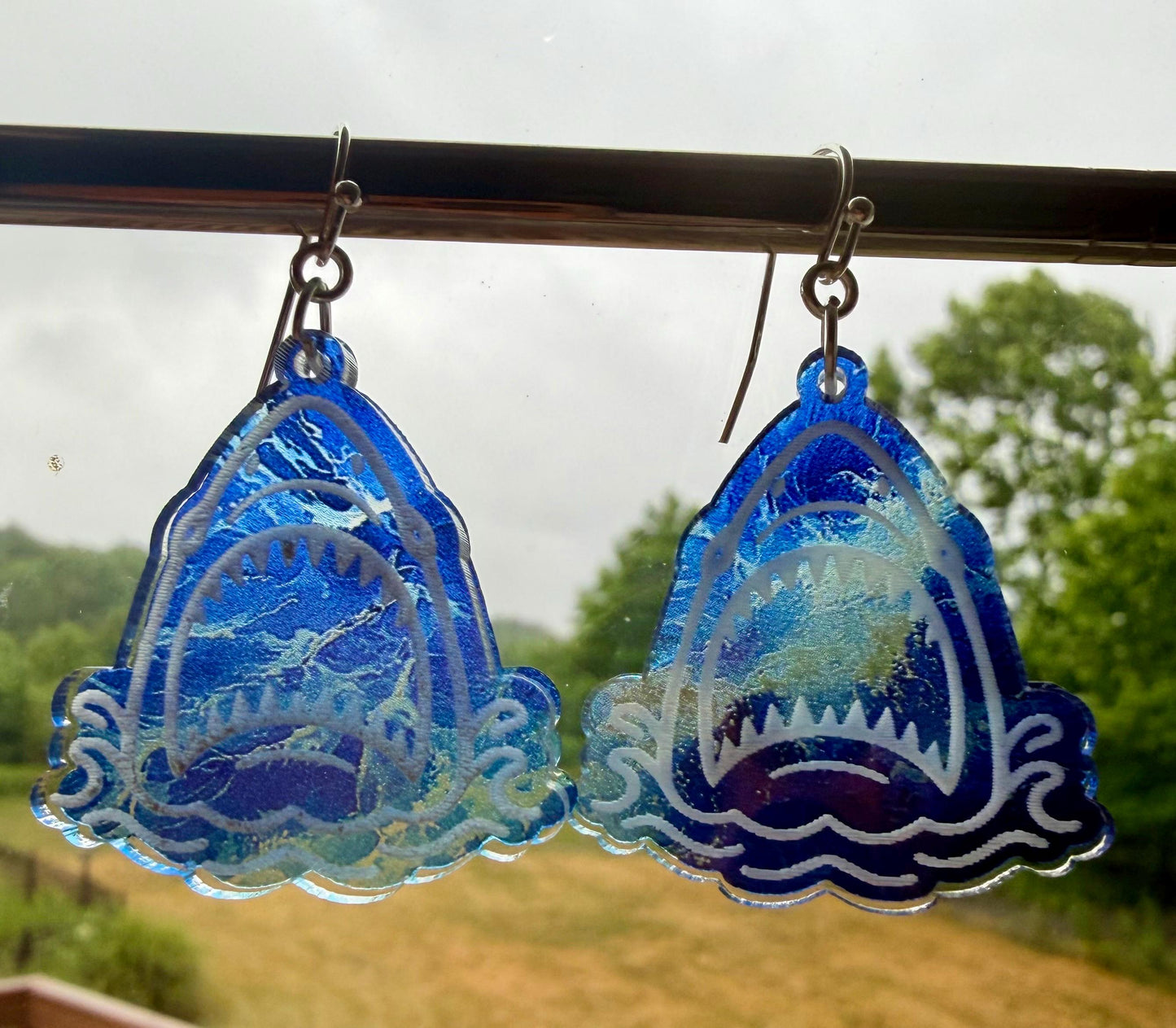 Layered Shark Acrylic Earrings | Ocean-Inspired Engraved Clear Acrylic Dangles | Lightweight Beach Jewelry | Shark Lover Gift |