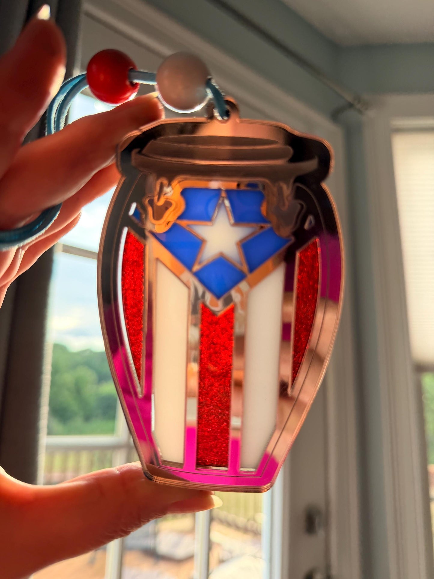 Puerto Rican Flag Conga Drum Car Charm | Handmade Layered Acrylic & Wood Ornament