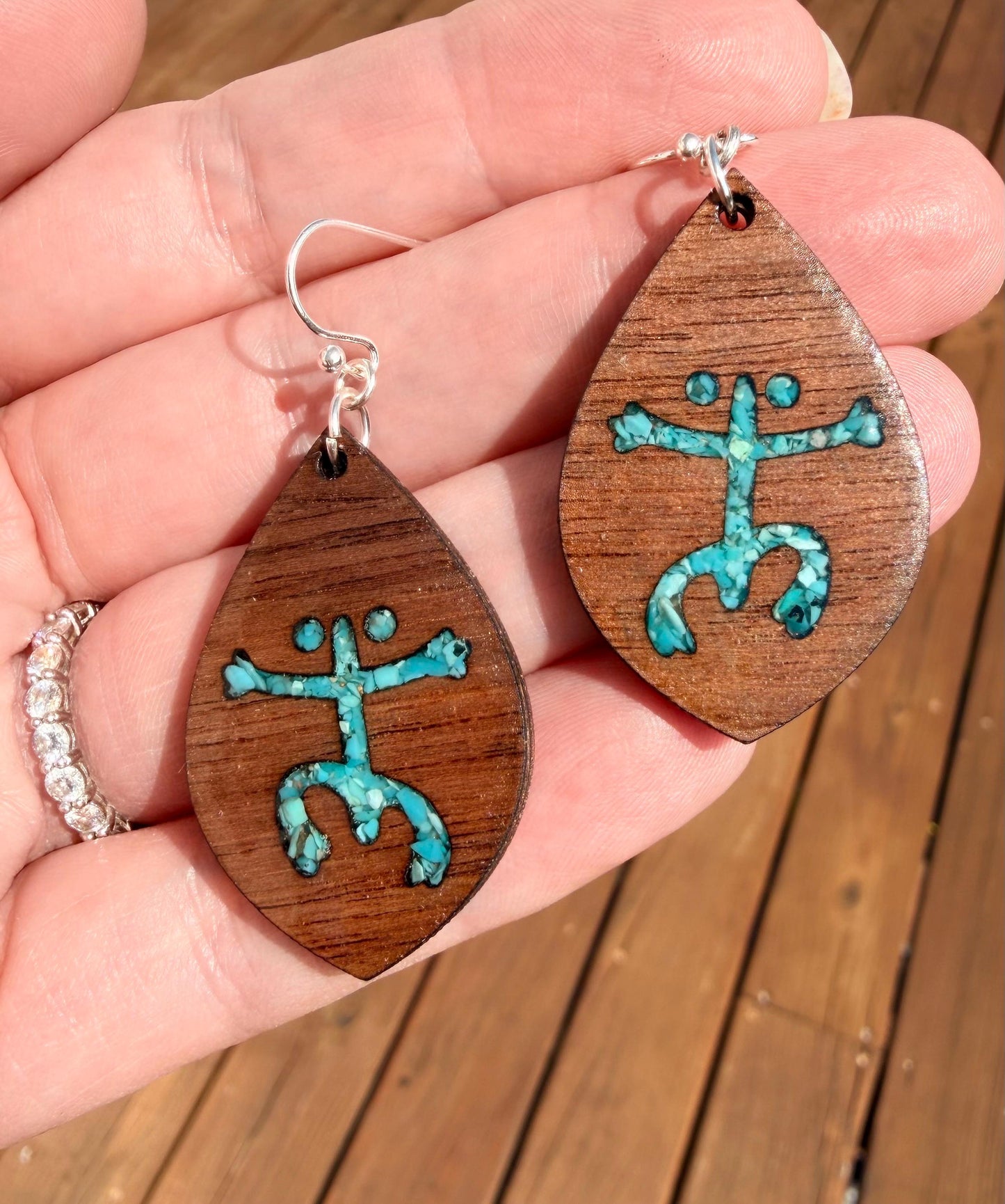 Taino Coqui Earrings: genuine turquoise inlay, Puerto Rican Symbol Dangles