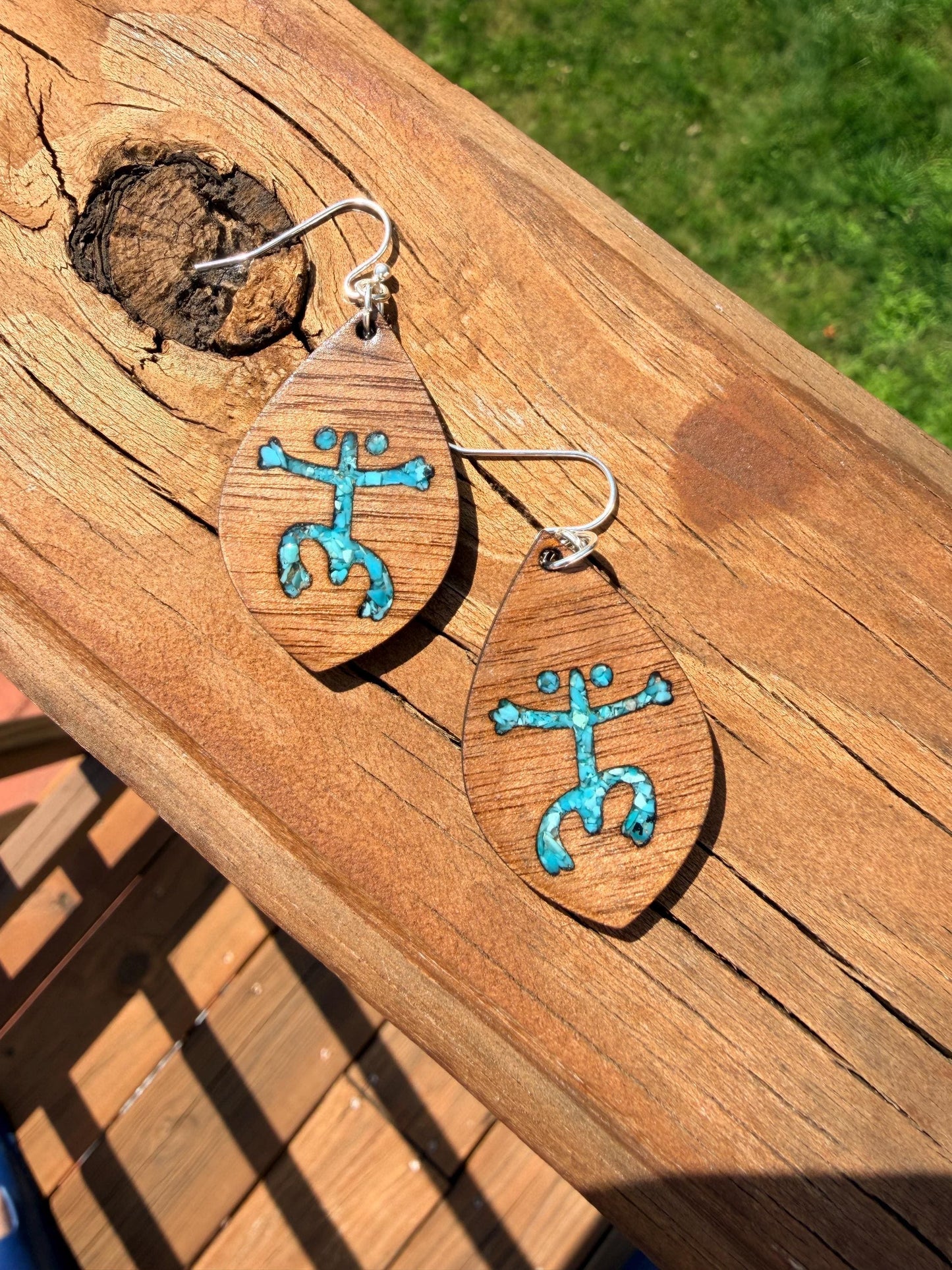 Taino Coqui Earrings: genuine turquoise inlay, Puerto Rican Symbol Dangles