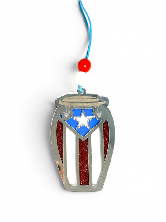 Puerto Rican Flag Conga Drum Car Charm | Handmade Layered Acrylic & Wood Ornament