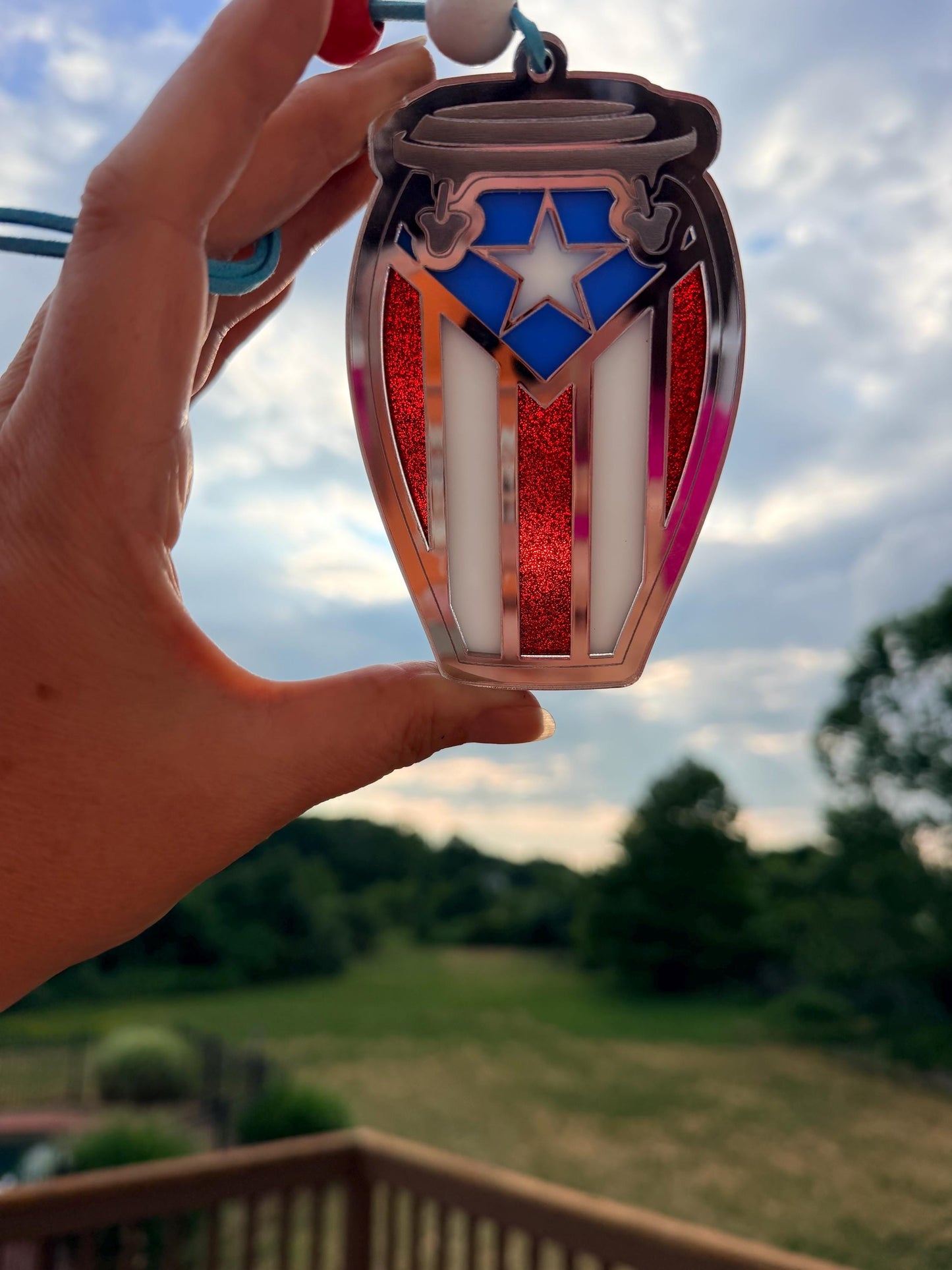 Puerto Rican Flag Conga Drum Car Charm | Handmade Layered Acrylic & Wood Ornament